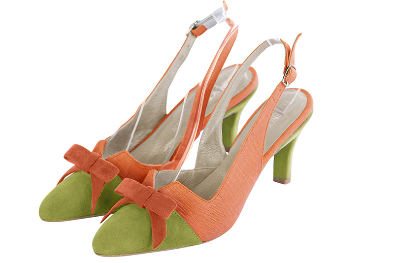 Pistachio green and peach orange women's open back shoes, with a knot. Tapered toe. Medium slim heel. Front view - Florence KOOIJMAN